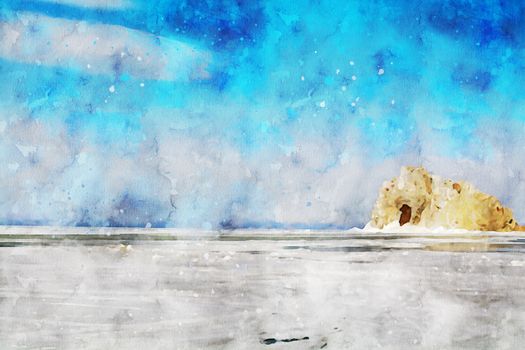 Rock island and frozen lake with blue sky background, digital watercolor painting