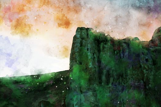 Rock cliff at twilight time with colorful sky background, digital watercolor painting