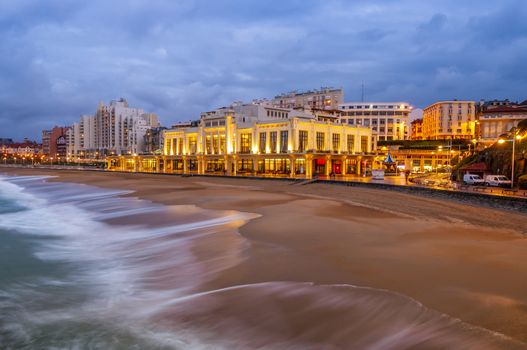 A panorama of Biarritz beach, in the evening, in the Pyrénées-Atlantique, in the Nouvelle-Aquitaine region, in the historic region of the French Basque Country.