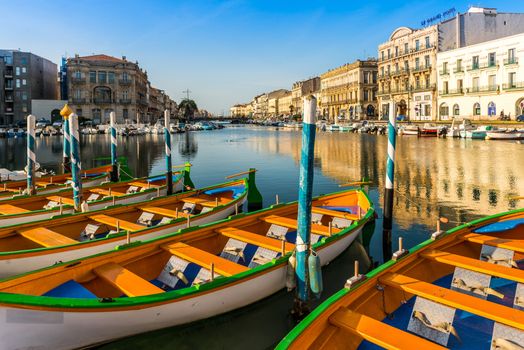 Superb view of the royal canal and its Languedoc boats, in the Herault in Occitanie, in the south of France.