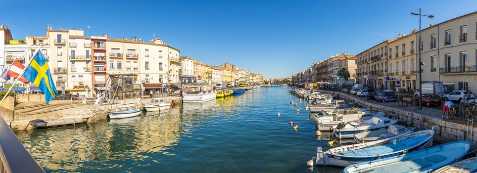 Beautiful perspective of the Royal Canal and the town of Sete from the Pont de la Savonnerie, in the south of France