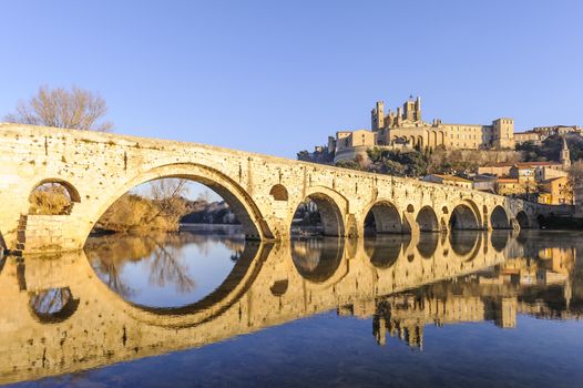 The old bridge of Béziers built in the 12th century spans the Orb in Béziers in the Herault in Occitania