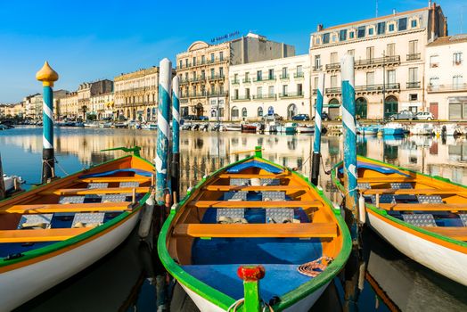 The colors of the city of Sète with its boats, in summer in the Herault in Occitania, in the south of France.