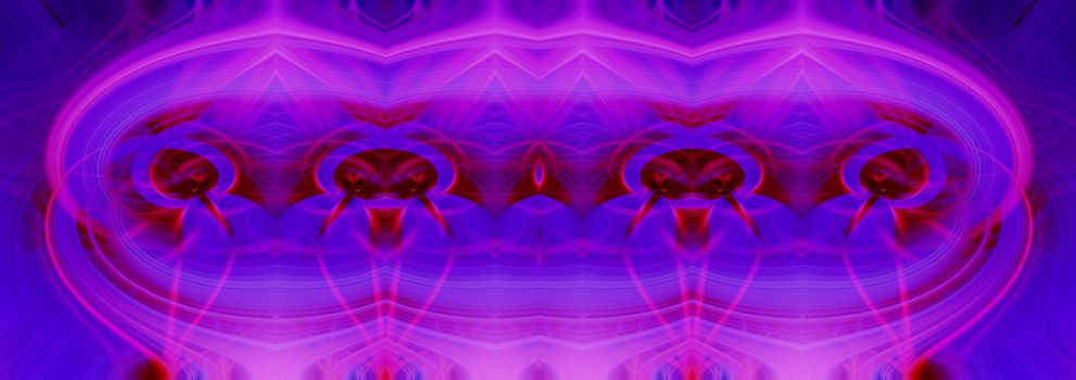 Beautiful abstract intertwined 3d fibers forming a shape of sparkle, flame, flower, interlinked hearts. Blue, maroon, pink, and purple colors. Banner size. Illustration.