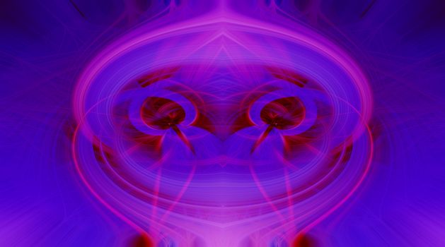 Beautiful abstract intertwined 3d fibers forming a shape of sparkle, flame, flower, interlinked hearts. Blue, maroon, pink, and purple colors. Illustration.