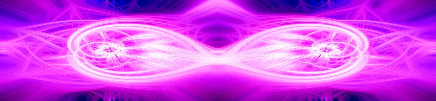 Beautiful abstract intertwined glowing 3d fibers forming a shape of sparkle, flame, flower, interlinked hearts. Pink, purple, blue, and maroon colors. Banner size. Illustration.