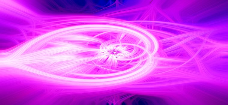 Beautiful abstract intertwined glowing 3d fibers forming a shape of sparkle, flame, flower, interlinked hearts. Pink, purple, blue, and maroon colors. Banner size. Illustration.