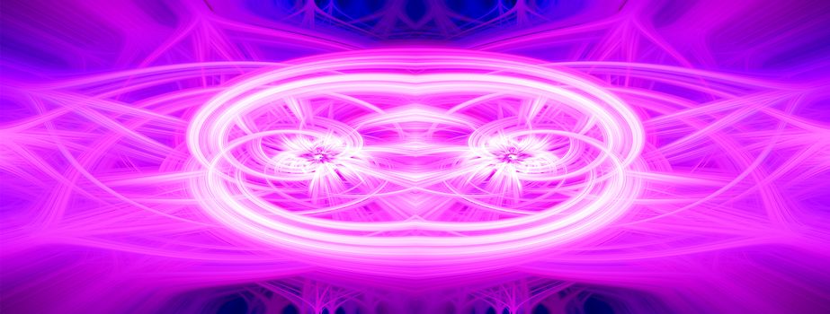 Beautiful abstract intertwined glowing 3d fibers forming a shape of sparkle, flame, flower, interlinked hearts. Pink, purple, blue, and maroon colors. Banner size. Illustration.