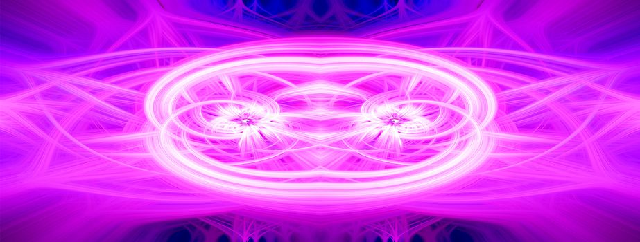 Beautiful abstract intertwined glowing 3d fibers forming a shape of sparkle, flame, flower, interlinked hearts. Pink, purple, blue, and maroon colors. Banner size. Illustration.
