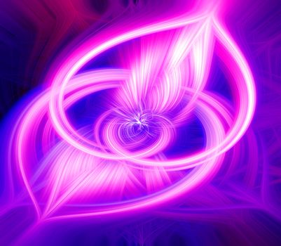 Beautiful abstract intertwined glowinig 3d fibers forming a shape of sparkle, flame, flower, interlinked hearts. Blue, maroon, pink, and purple colors. Illustration.