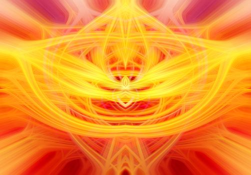 Beautiful abstract intertwined glowing 3d fibers forming a shape of star, sparkle, flame, flower, interlinked hearts. Yellow, orange, and red colors. Illustration.