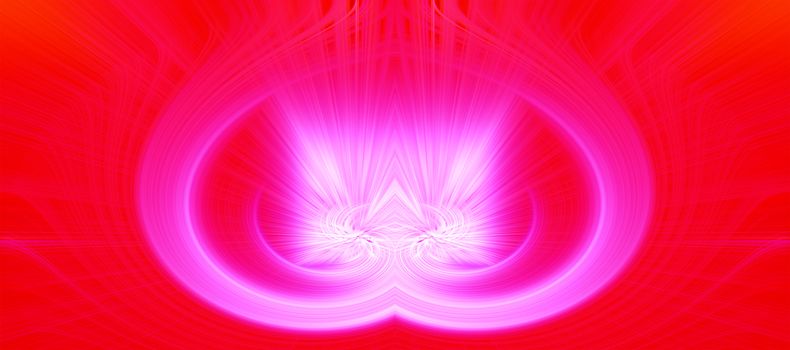 Beautiful abstract intertwined glowing 3d fibers forming a shape of sparkle, flame, flower, interlinked hearts. Bright red and pink colors. Banner size. Illustration.