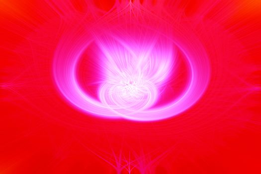 Beautiful abstract intertwined glowing 3d fibers forming a shape of sparkle, flame, flower, interlinked hearts. Bright red and pink colors. Illustration.