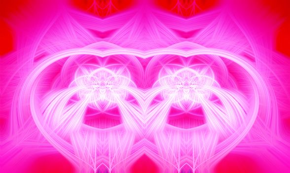 Beautiful abstract intertwined glowing 3d fibers forming a shape of sparkle, flame, flower, interlinked hearts. Bright red and pink colors. Illustration.