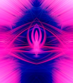 Beautiful abstract intertwined glowing 3d fibers forming a shape of sparkle, flame, flower, interlinked hearts. Blue, maroon, pink, and purple colors. Portrait size. Illustration.