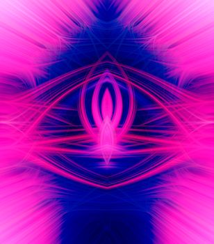 Beautiful abstract intertwined glowing 3d fibers forming a shape of sparkle, flame, flower, interlinked hearts. Blue, maroon, pink, and purple colors. Portrait size. Illustration.