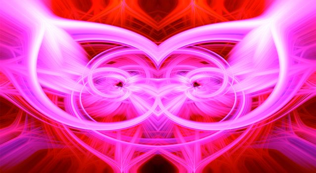 Beautiful abstract intertwined glowing 3d fibers forming a shape of sparkle, flame, flower, interlinked hearts. Purple, maroon, pink, and red colors. Amazing depth. Illustration.