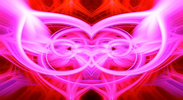 Beautiful abstract intertwined glowing 3d fibers forming a shape of sparkle, flame, flower, interlinked hearts. Purple, maroon, pink, and red colors. Amazing depth. Illustration.