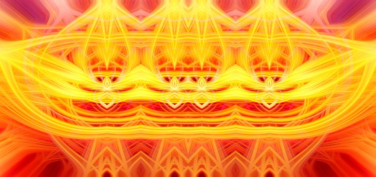 Beautiful abstract intertwined glowing 3d fibers forming a shape of sparkle, flame, flower, interlinked hearts. Yellow, orange, and red colors. Banner size. Illustration.