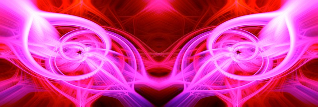 Beautiful abstract intertwined glowing 3d fibers forming a shape of pointy domes, sparkle, flame, flower, interlinked hearts. Purple, maroon, pink, and red colors. Banner size. Illustration.
