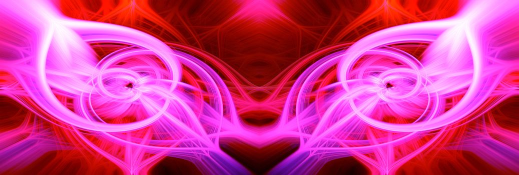 Beautiful abstract intertwined glowing 3d fibers forming a shape of pointy domes, sparkle, flame, flower, interlinked hearts. Purple, maroon, pink, and red colors. Banner size. Illustration.