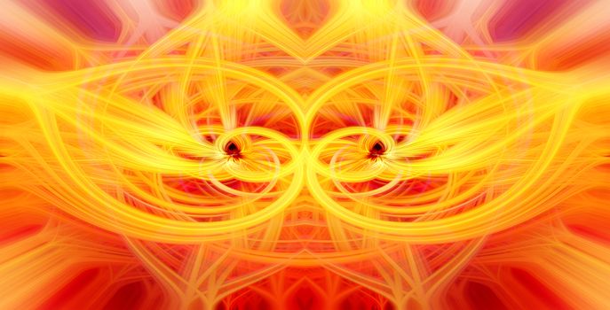 Beautiful abstract intertwined glowing 3d fibers forming a shape of sparkle, flame, flower, interlinked hearts. Yellow, orange, and red colors. Illustration.