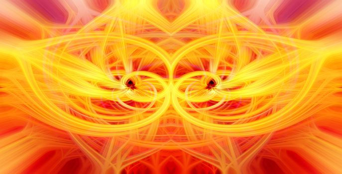 Beautiful abstract intertwined glowing 3d fibers forming a shape of sparkle, flame, flower, interlinked hearts. Yellow, orange, and red colors. Illustration.