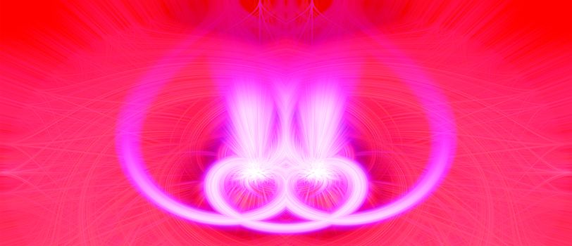 Beautiful abstract intertwined glowing 3d fibers forming a shape of sparkle, flame, flower, interlinked hearts. Bright red and pink colors. St. Valentines day concept. Banner size. Illustration.