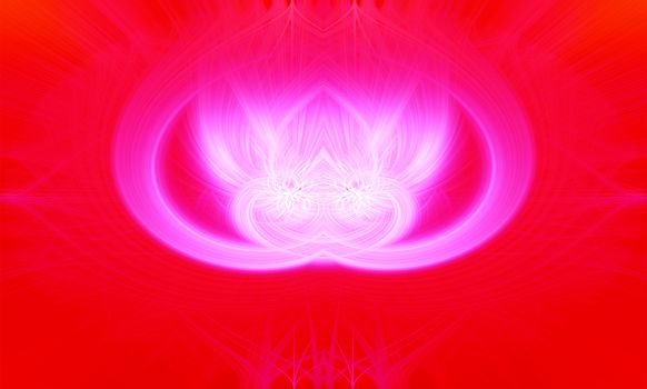 Beautiful abstract intertwined glowing 3d fibers forming a shape of sparkle, flame, flower, interlinked hearts. Bright red and pink colors. Illustration.