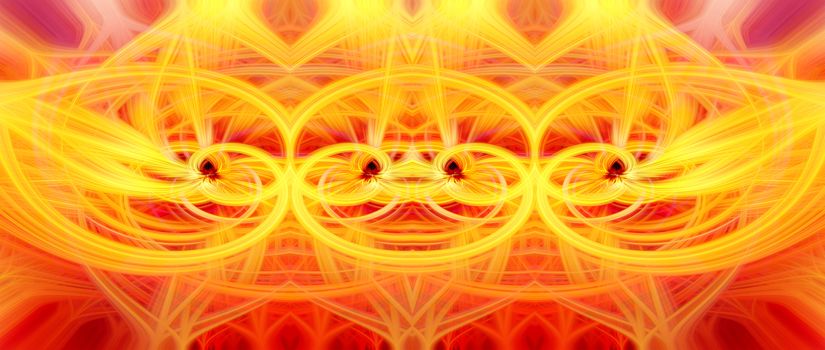 Beautiful abstract intertwined glowing 3d fibers forming a shape of sparkle, flame, flower, interlinked hearts. Yellow, orange, and red colors. Banner size. Illustration.