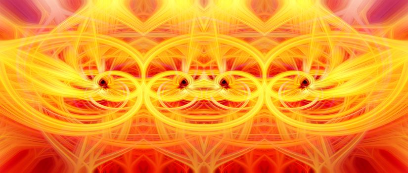 Beautiful abstract intertwined glowing 3d fibers forming a shape of sparkle, flame, flower, interlinked hearts. Yellow, orange, and red colors. Banner size. Illustration.