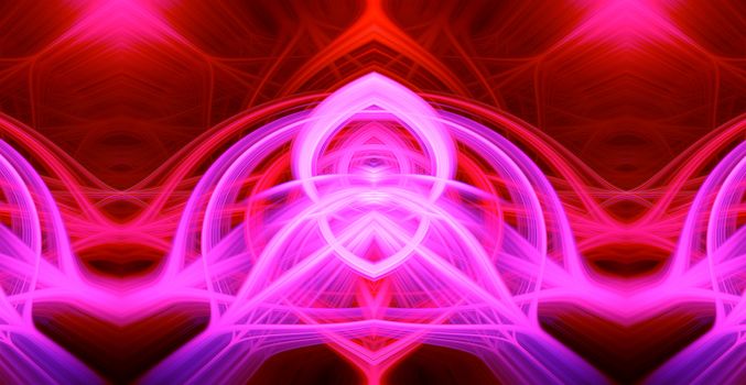 Beautiful abstract intertwined glowing 3d fibers forming a shape of pointy domes, sparkle, flame, flower, interlinked hearts. Purple, maroon, pink, and red colors. Illustration.