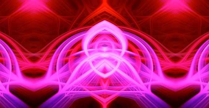 Beautiful abstract intertwined glowing 3d fibers forming a shape of pointy domes, sparkle, flame, flower, interlinked hearts. Purple, maroon, pink, and red colors. Illustration.