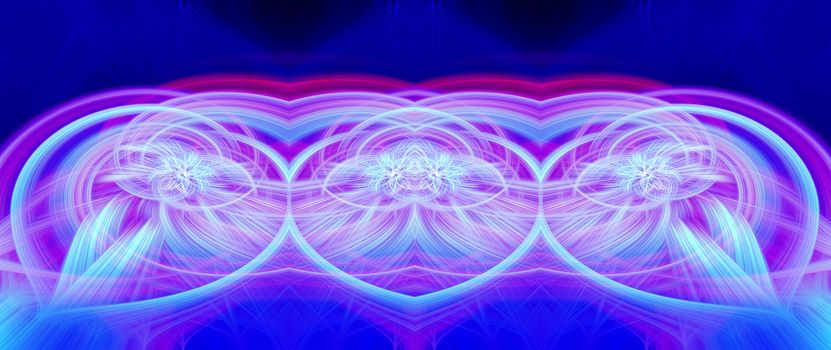 Beautiful abstract intertwined glowing 3d fibers forming a shape of sparkle, flame, flower, interlinked hearts. Blue, maroon, cyan, and purple colors. Banner size. Illustration.