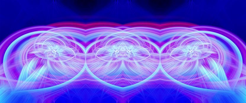 Beautiful abstract intertwined glowing 3d fibers forming a shape of sparkle, flame, flower, interlinked hearts. Blue, maroon, cyan, and purple colors. Banner size. Illustration.