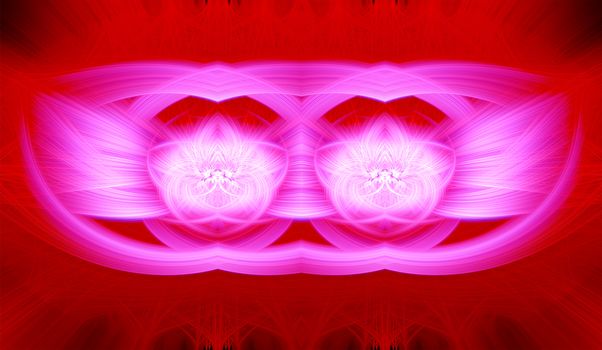 Beautiful abstract intertwined glowing 3d fibers forming a shape of sparkle, flame, flower, interlinked hearts. Maroon, white, red, and pink colors. Banner size. Illustration.