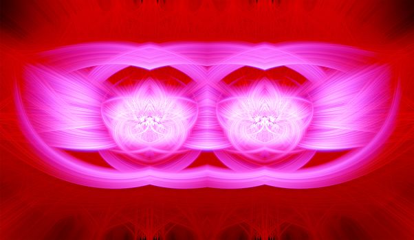 Beautiful abstract intertwined glowing 3d fibers forming a shape of sparkle, flame, flower, interlinked hearts. Maroon, white, red, and pink colors. Banner size. Illustration.