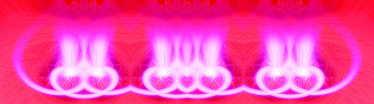 Beautiful abstract intertwined glowing 3d fibers forming a shape of sparkle, flame, flower, interlinked hearts. Bright red and pink colors. St. Valentines day concept. Banner size. Illustration.