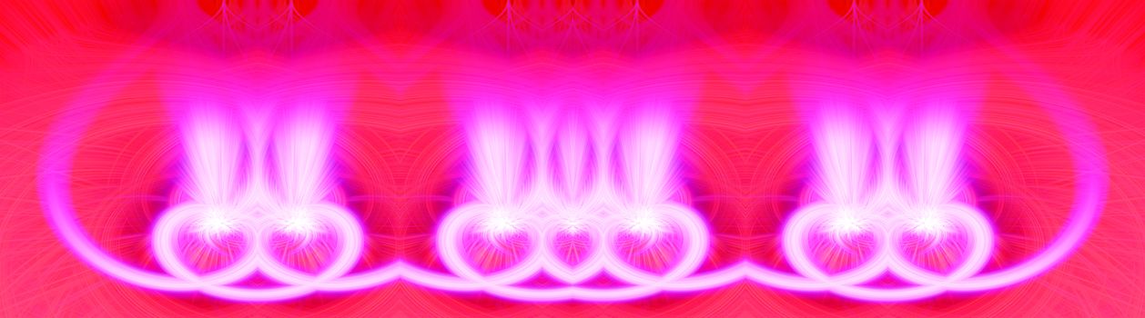 Beautiful abstract intertwined glowing 3d fibers forming a shape of sparkle, flame, flower, interlinked hearts. Bright red and pink colors. St. Valentines day concept. Banner size. Illustration.