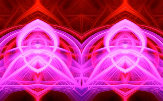 Beautiful abstract intertwined glowing 3d fibers forming a shape of pointy domes, sparkle, flame, flower, interlinked hearts. Purple, maroon, pink, and red colors. Illustration.