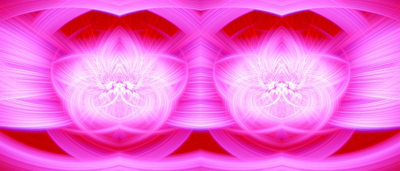 Beautiful abstract intertwined glowing 3d fibers forming a shape of sparkle, flame, flower, interlinked hearts. Bright red, white, and pink colors. Banner size. Illustration.