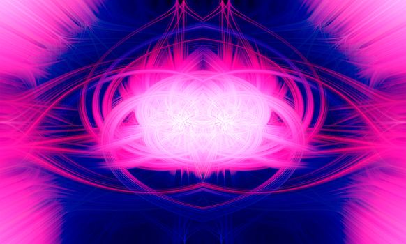 Beautiful abstract intertwined glowinig 3d fibers forming a shape of sparkle, flame, flower, interlinked hearts. Blue, maroon, pink, and purple colors. Illustration.