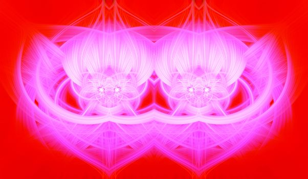Beautiful abstract intertwined glowing 3d fibers forming a shape of sparkle, flame, flower, interlinked hearts. Bright red and pink colors. Illustration.