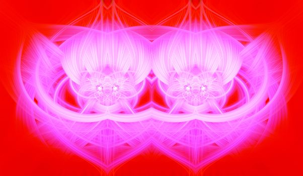 Beautiful abstract intertwined glowing 3d fibers forming a shape of sparkle, flame, flower, interlinked hearts. Bright red and pink colors. Illustration.