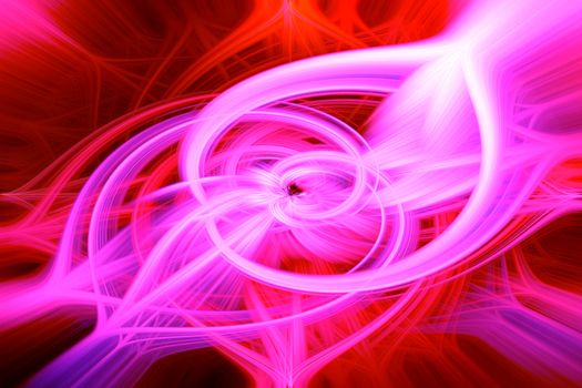 Beautiful abstract intertwined glowing 3d fibers forming a shape of sparkle, flame, flower, interlinked hearts. Purple, maroon, pink, and red colors. Amazing depth. Illustration.