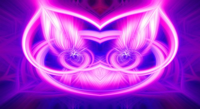 Beautiful abstract intertwined glowing 3d fibers forming a shape of sparkle, flame, flower, interlinked hearts and cat looking creature. Blue, maroon, pink, and purple colors. Illustration.