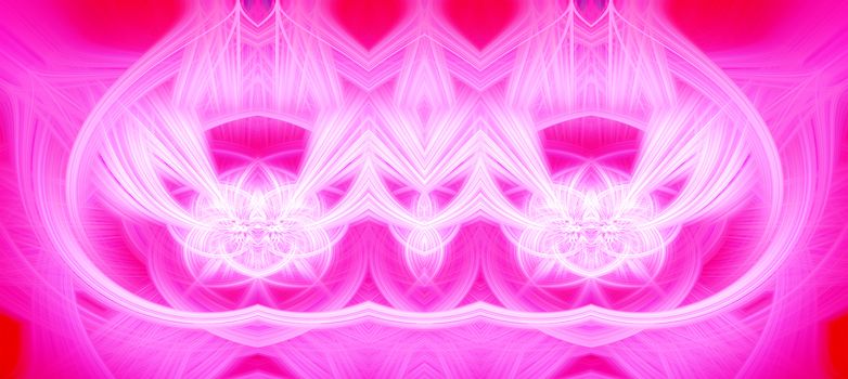 Beautiful abstract intertwined glowing 3d fibers forming a shape of sparkle, flame, flower, interlinked hearts. Bright red, white, and pink colors. Banner size. Illustration.