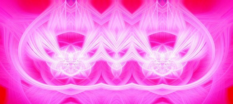 Beautiful abstract intertwined glowing 3d fibers forming a shape of sparkle, flame, flower, interlinked hearts. Bright red, white, and pink colors. Banner size. Illustration.