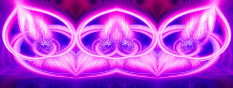 Beautiful abstract intertwined glowing 3d fibers forming a shape of sparkle, flame, flower, interlinked hearts. Blue, maroon, pink, and purple colors. Banner size. Illustration.