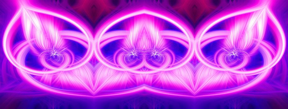 Beautiful abstract intertwined glowing 3d fibers forming a shape of sparkle, flame, flower, interlinked hearts. Blue, maroon, pink, and purple colors. Banner size. Illustration.